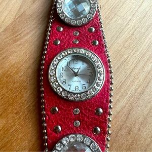Geneva ladies red rhinestones fashion watch NEW BATTERY